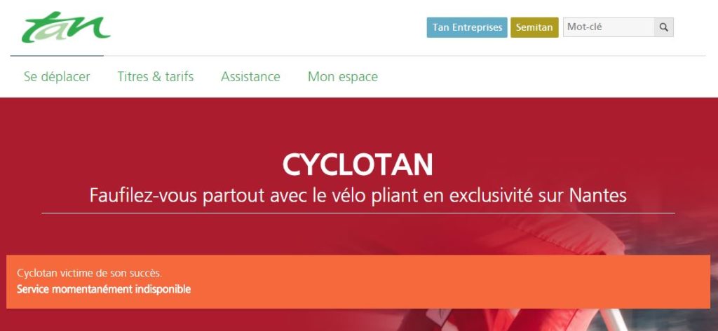 Capture d'écran site TAN Nantes montrant le service indisponible
