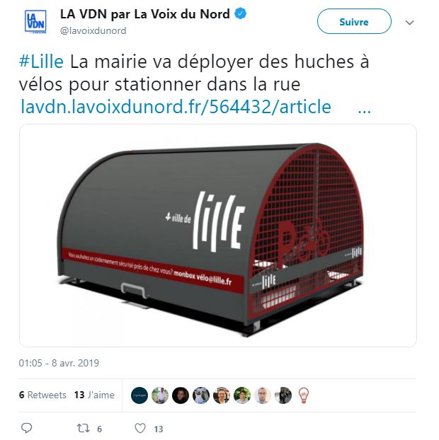 tweet indiquant le déploiement de stationnement vélo sécurisé à Lille