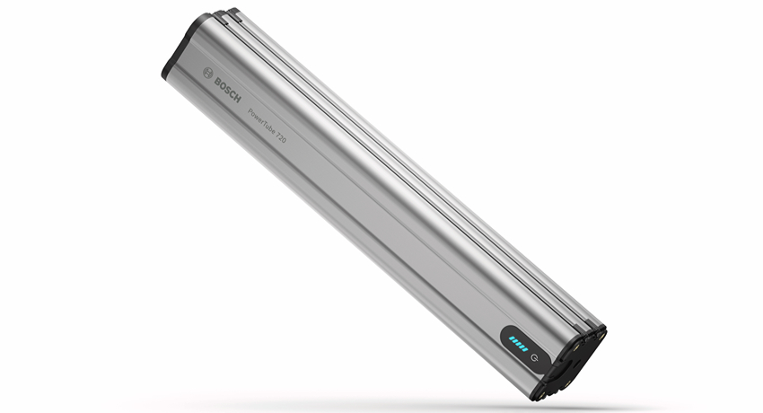 Gros plan sur la batterie survitaminée PowerTube 720 capable d'offrir jusqu'à 185 km d'autonomie.